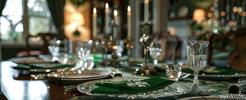 Elegantly set dining table adorned with green napkins, shamrock-patterned plates, and crystal glasses, creating a sophisticated st. patrick's day ambiance. candlelight adds warmth in an inviting dining room setting.