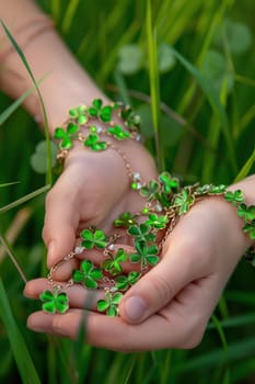 Hands delicately hold four-leaf clover necklaces and shamrock bracelets amid vibrant green grass, capturing the festive spirit of st. patrick's day. ideal for jewelry design, holiday themes, and fashion concepts.