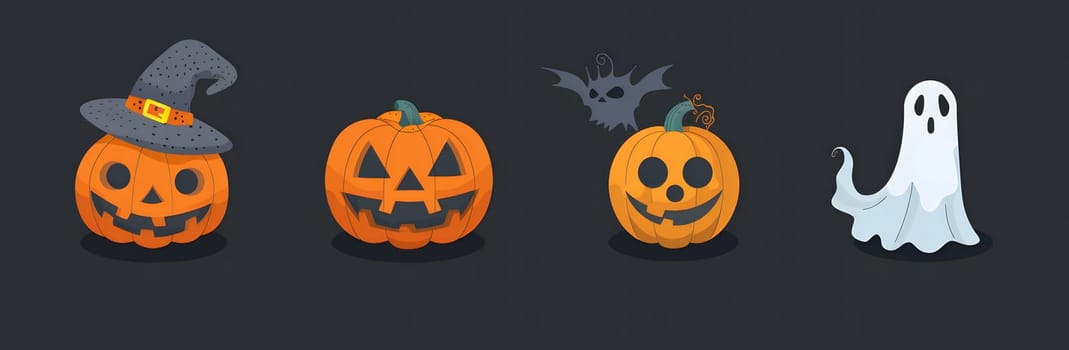 Cartoon pumpkins with spooky faces, a witch's hat and a cute ghost for Halloween.