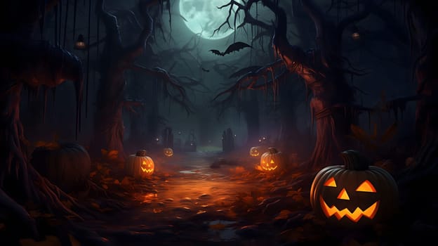A spooky forest path illuminated by glowing jack-o-lanterns under the light of a full moon.
