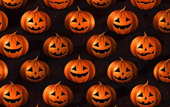 A seamless pattern featuring multiple orange jack-o-lantern pumpkins with scary grins and glowing eyes on a dark background for Halloween.
