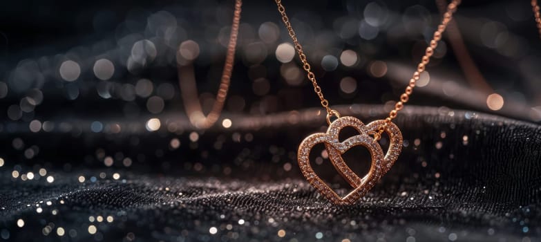 Two intertwined heart-shaped necklaces sparkle elegantly on a black velvet surface, creating a luxurious and romantic ambiance. the soft lighting enhances the exquisite details, perfect for valentine's day themed designs.