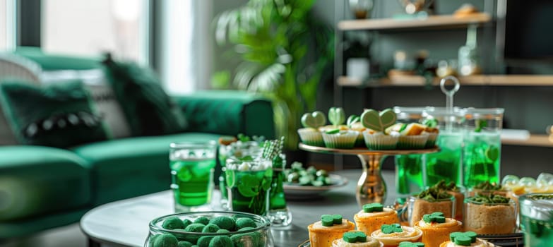 Friends enjoy a lively st. patrick's day house party in a modern living room. the space is adorned with green decorations, shamrock-themed desserts, and festive snacks, creating a vibrant and joyful atmosphere.