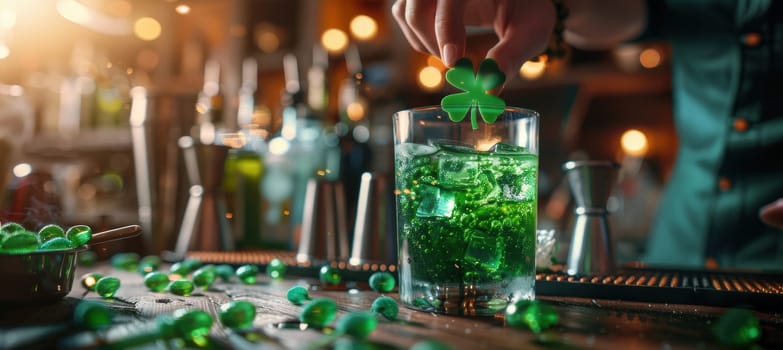 Bartender skillfully prepares a vibrant green cocktail for st. patrick's day, featuring a clover-shaped garnish. surrounded by festive ingredients and bar tools, the scene exudes celebration and artistry.