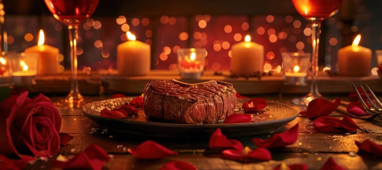 Heart-shaped steak elegantly presented on a plate, framed by glowing candles, red rose petals, and wine glasses. the warm, intimate lighting creates a romantic atmosphere perfect for valentine's day celebrations.