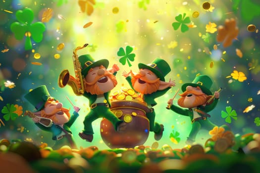 Vibrant cartoon-style leprechauns joyfully play instruments and dance around a pot of gold. colorful clovers float in the air, creating a playful and festive st. patrick's day atmosphere, perfect for card and poster designs.