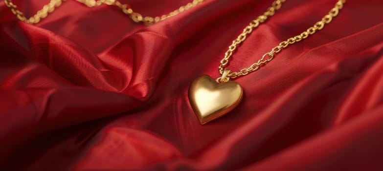 Gold heart-shaped pendant on lush red silk fabric, featuring soft light reflections. perfect for elegant valentine's day designs, cards, or posters with a luxurious and romantic theme.