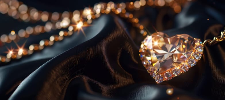 Heart-shaped diamond necklace displayed on a luxurious black satin background, highlighted by gold accents and soft lighting. sparkling chain and exquisite details create a sense of elegance and celebration.