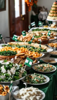 A vibrant st. patrick's day buffet showcases a lavish spread of green salads, irish soda bread, hearty stews, and shamrock-themed desserts. decorative irish flags add festive charm to the celebration.