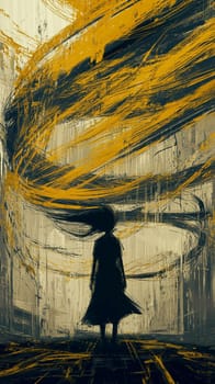 Woman in a dress is standing with long black hair swirling around her with yellow energy in a dark city with textured brush strokes