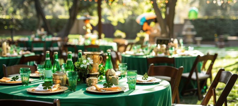 A festive garden party scene showcasing tables with green linens, shamrock centerpieces, and gold coins. perfectly themed for an outdoor st. patrick's day celebration with a magical leprechaun ambiance.