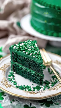 Green velvet cake slice adorned with shamrock sprinkles, served on an elegant white plate with gold trim. the festive table is decorated with clover leaves and confetti, capturing the spirit of st. patrick's day.