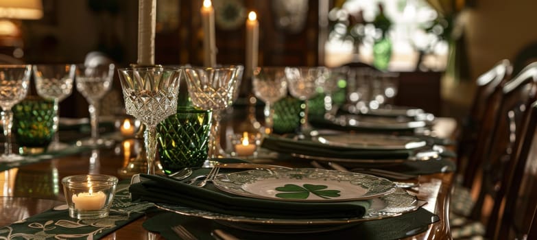A sophisticated dining room features an elegantly set table adorned with green napkins and shamrock-patterned plates. crystal glasses and candlelight add a warm glow, creating a festive st. patrick's day atmosphere.