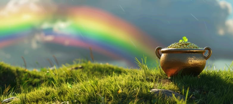 A photorealistic depiction of a st. patrick's day theme featuring a pot of gold on a grassy hill, accentuated by a vibrant rainbow arcing across a cloud-streaked sky, evoking a sense of magic and festivity.