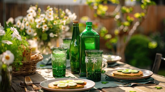 A festive patio brunch table set for st. patrick's day, featuring green drinks, shamrock-shaped pancakes, and fresh flowers amidst a vibrant outdoor setting perfect for celebrating.