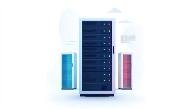 server setup illustration featuring central black server tower surrounded by two smaller servers in blue and red. This modern design emphasizes technology and data management.