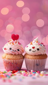 Cute valentine's day card featuring two smiling cupcakes with heart-shaped sprinkles on a pastel pink background. the whimsical design is perfect for adding a playful touch to holiday celebrations and greetings.