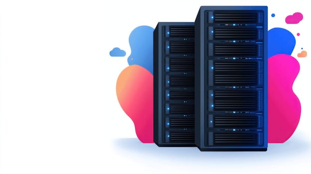 server setup illustration featuring multiple server racks on vibrant background, showcasing modern technology and data management. design conveys sense of efficiency and innovation.