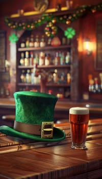 A festive st. patrick's day scene featuring a green top hat with a gold buckle and a pint of beer on a wooden bar counter in a lively pub. perfect for holiday-themed designs, cards, or posters.