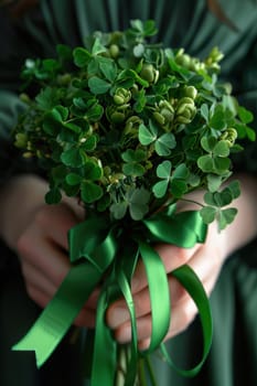 Hands gently hold a vibrant bouquet of traditional irish clovers, elegantly wrapped with a green ribbon. ideal for subtly celebrating st. patrick’s day with a touch of tradition and charm.