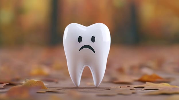 scared tooth stands alone on wooden surface surrounded by autumn leaves, evoking sense of worry and concern. This whimsical image captures playful essence of dental health awareness.
