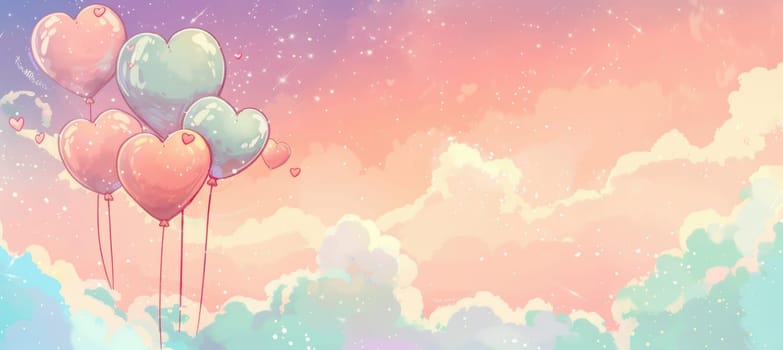 Whimsical valentine's day banner featuring cartoon heart balloons with cupid arrows, set against a pastel-colored sky. the cheerful design is perfect for creative uses like card designs, posters, or festive print materials.