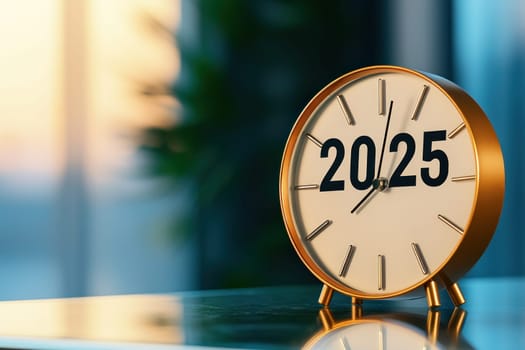 minimalist clock striking midnight, showcasing year 2025, symbolizes new beginnings and fresh opportunities. elegant design adds touch of sophistication to any setting.