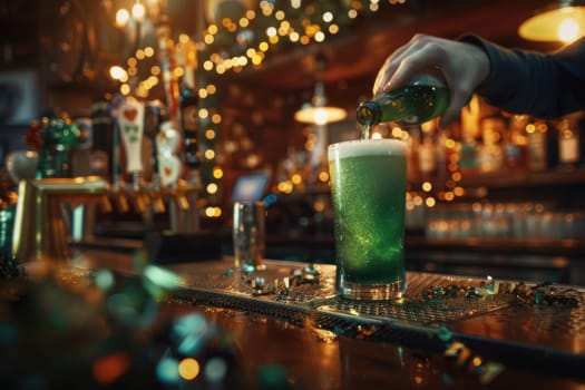 Close-up of a bartender pouring green beer into a frosty glass, surrounded by festive st. patrick’s day decorations. the warm, lively ambiance of the pub enhances the celebratory mood, with twinkling lights in the background.