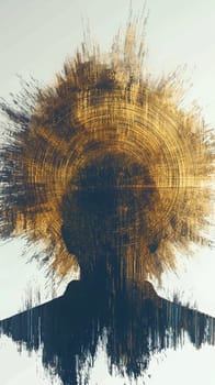Abstract portrait of a man with golden halo effect, symbolizing spirituality, enlightenment, and inner peace. The dark silhouette contrasts with the vibrant gold, creating a striking visual