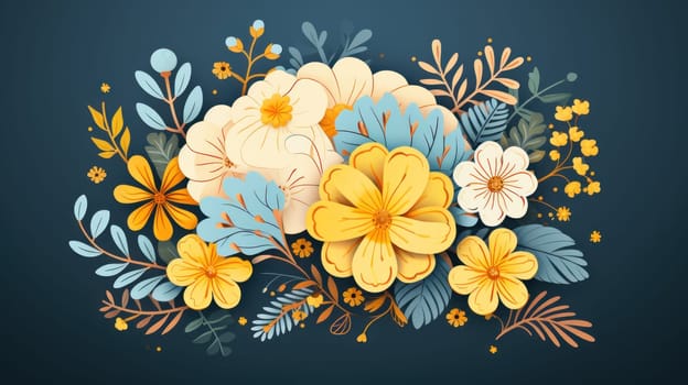 Floral arrangement featuring vibrant yellow and blue flowers with green leaves, creating cheerful and lively design. Perfect for spring themes and decorative purposes.