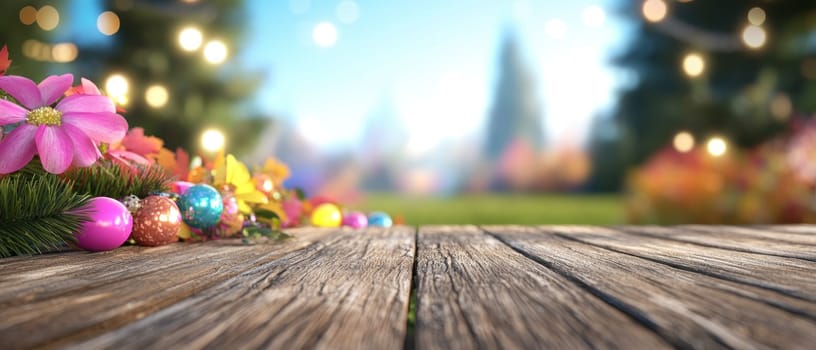 rustic wooden table adorned with vibrant flowers and colorful decorations creates cheerful atmosphere in garden setting, perfect for gatherings and celebrations.