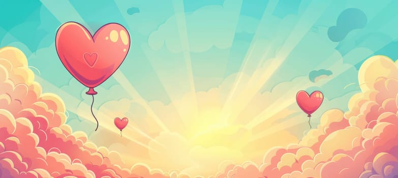 Cartoon-style heart-shaped balloons float among vibrant clouds and sunbeams, creating a joyful and whimsical valentine's day scene. the design's rich colors and open lower third are ideal for adding personalized text.