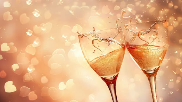 Two champagne glasses elegantly clink together, creating heart-shaped bubbles against a soft golden background, embodying a romantic valentine's day theme. perfect for festive greeting cards and celebratory designs.