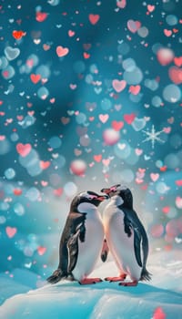 Cute penguins on an iceberg surrounded by heart-shaped snowflakes, creating a playful and charming winter wonderland. ideal for valentine's day greeting cards, the scene combines romance with nature’s beauty.