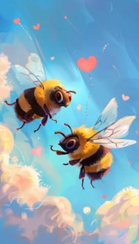 Vibrant cartoon bees flutter joyfully against a bright blue backdrop, leaving whimsical heart-shaped trails. fluffy clouds embellish the scene, creating a lighthearted valentine's day greeting card perfect for spreading love.