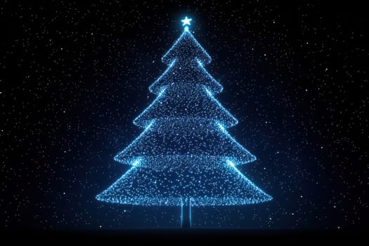 glowing digital Christmas tree shines brightly against dark background.