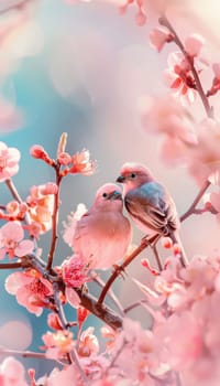 Lovebirds nestled on a branch surrounded by blooming pink flowers, set against a pastel gradient background. perfect for valentine's day greeting cards, capturing romance and tranquility in nature.