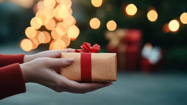 beautifully wrapped golden gift with red ribbon is held in hands, surrounded by festive atmosphere with blurred Christmas lights in background, evoking sense of joy and celebration.