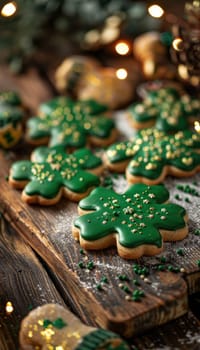 Shamrock-shaped sugar cookies adorned with green icing and gold sprinkles are elegantly arranged on a rustic wooden surface. soft lights and festive decorations enhance the st. patrick's day theme, creating a warm and inviting setting.