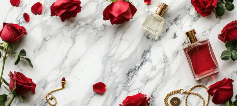 Luxury perfumes and a gold necklace rest alongside vibrant red roses and scattered petals on a marble surface, creating an elegant valentine’s day design ideal for print, cards, or posters, with ample space for text.