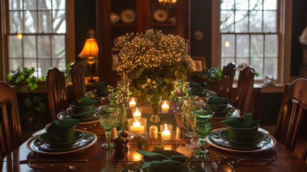 Elegantly arranged dining table for st. patrick's day featuring green plates, shamrock centerpieces, and candlelight. the festive setup includes irish-themed decorations, creating a cozy and inviting atmosphere.