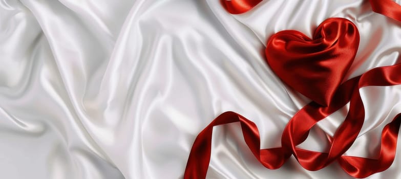 Red satin ribbon forms a heart on smooth white silk, creating an elegant valentine's day banner. subtle lighting enhances the luxurious textures, perfect for romantic designs or holiday-themed print materials.