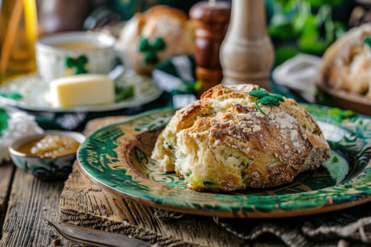 Close-up of freshly baked traditional irish soda bread on a rustic wooden table. served with butter and adorned with green clovers, perfect for a st. patrick's day meal. irish-themed tableware enhances the festive atmosphere.