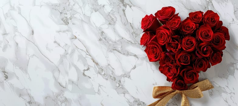 Heart-shaped bouquet of vibrant red roses arranged on a polished white marble surface with a shimmering gold ribbon. the elegant setup offers ample space for personalized text, ideal for valentine's day designs.