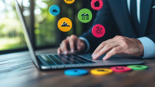 professional reviewing performance metrics on laptop, surrounded by colorful icons representing various data points. scene conveys sense of focus and productivity.