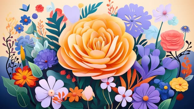 vibrant and colorful floral arrangement featuring large orange rose surrounded by various flowers and leaves, creating lively and cheerful atmosphere.