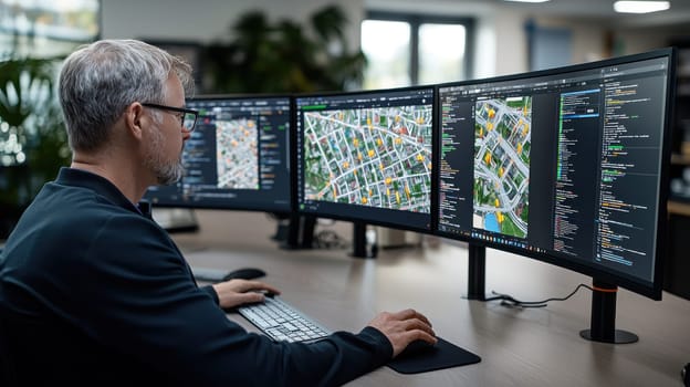 focused man working in office setting with multiple screens displaying detailed maps and coding. environment is modern and well lit, enhancing productivity and concentration.