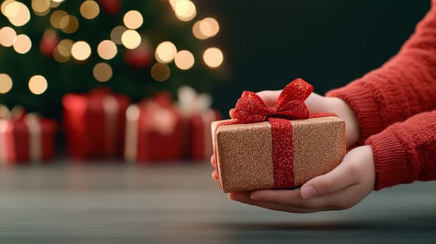 person is holding beautifully wrapped gift with red ribbon, surrounded by festive atmosphere with Christmas tree and blurred lights in background. scene evokes feelings of joy and anticipation.