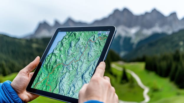 Exploring great outdoors, person uses tablet to track their hiking route through stunning mountainous terrain. vibrant map displays trails and landscapes, enhancing adventure.