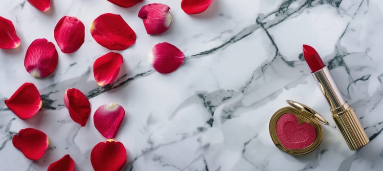 Elegant flat lay featuring red lipstick, a heart-shaped compact mirror, and scattered pink rose petals on a marble surface. ideal for valentine's day designs or romantic themes, providing ample space for text and creativity.